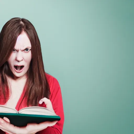 Prompt: terrified woman holding a book with monster hands coming from it, horror high quality DSLR photography