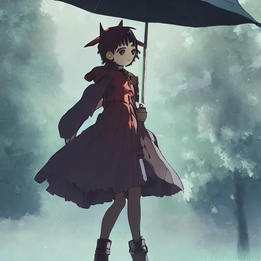 Image similar to anime key visual of a little witch waiting in a bus stop, cinematic lighting, dramatic atmosphere, by dustin nguyen, akihiko yoshida, greg tocchini, greg rutkowski, cliff chiang, 4 k resolution