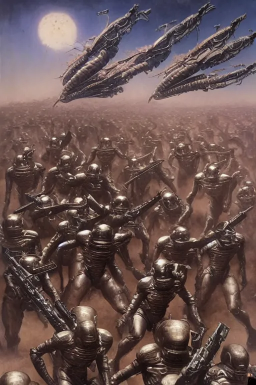 Image similar to starship troopers in the style of wayne barlowe, gustav moreau, goward, bussiere, roberto ferri, santiago caruso, luis ricardo falero, frazetta