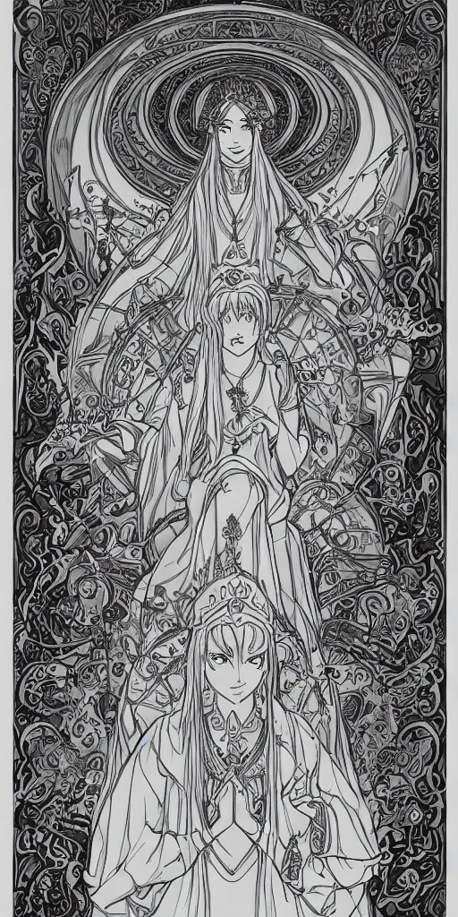 Image similar to a mystical woman priestess sitting on a throne, the divine feminine, drawn by studio UFOTABLE, fine line work