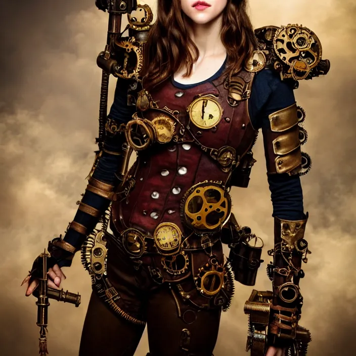 Prompt: full body photograph of alexandra daddario as a steampunk warrior, Extremely detailed. 8k