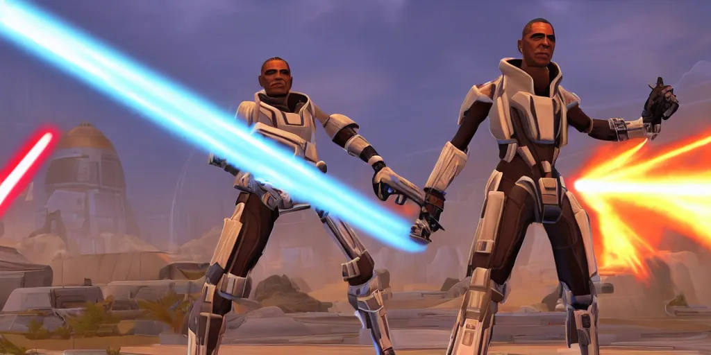 Prompt: screenshot of obama in swtor, heroengine, 4 k