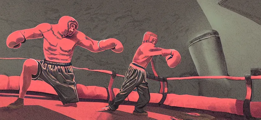 Image similar to handmade illustration of a vicious fight in an illegal boxing ring, bloody uppercut action shot knockout, line art, octane render with volumetric lighting, architectural illustration by MC Escher and cedric peyraavernay, industrial waste processing, bladerunner, green and red radioactive swamp, by Remedios Varo and Anato Finnstark and Greg Rutkowski, dayglo pink, dayglo blue, dazzle camouflage, 8k, trending on ArtStation