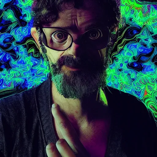 Image similar to terence McKenna posing seductively with psychedelic mushrooms, psychedelic, fractal, cinematic lighting, dramatic, octane render, full body, trending on artstation, perfect facial symmetry, bokeh, 8k, intricate, hyper detailed