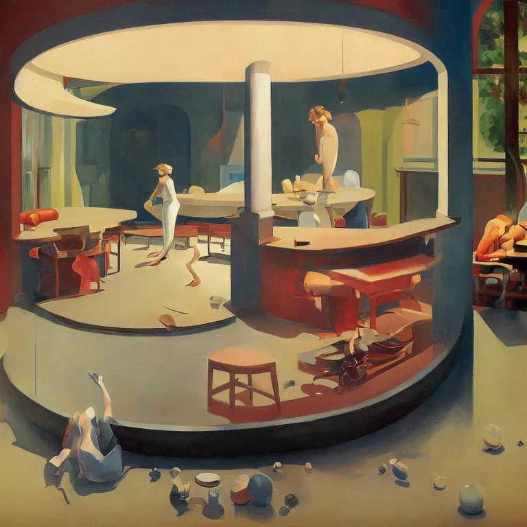 Image similar to round metaballs belting together and dripping on the floor, painted by Edward Hopper, painted by James Gilleard, surrealism, airbrush