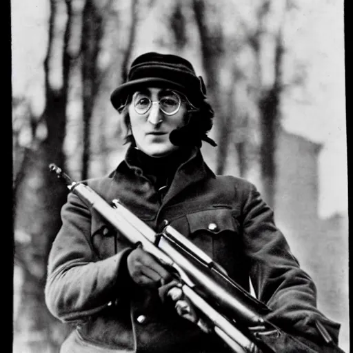 Image similar to old wartime photograph of john lennon holding a lewis gun, 1 9 1 7