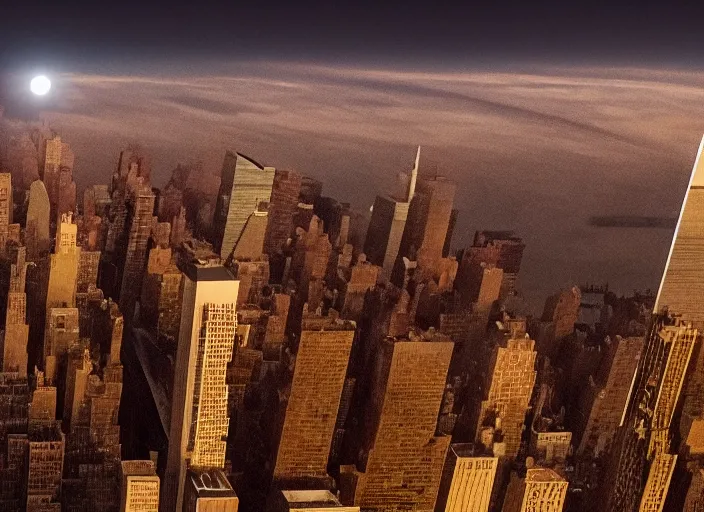 Image similar to film still of the moon breaking into pieces over manhatten in the new disaster movie, 8 k, night time