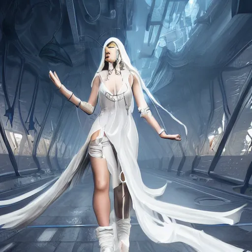 Prompt: a mystic goddess with white dress and marks on face laying in a huge sci - fi corridor surrounding with foes, digital art, concept art, trending on artstation, 8 k detailed, dramatic lighting