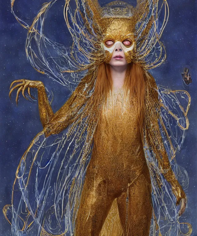 Prompt: a portrait photograph of a masked sadie sink as a strong alien harpy queen with amphibian skin. she is dressed in a golden lace shiny metal slimy organic membrane catsuit and transforming into a insectoid snake bird. by donato giancola, walton ford, ernst haeckel, peter mohrbacher, hr giger. 8 k, cgsociety, fashion editorial