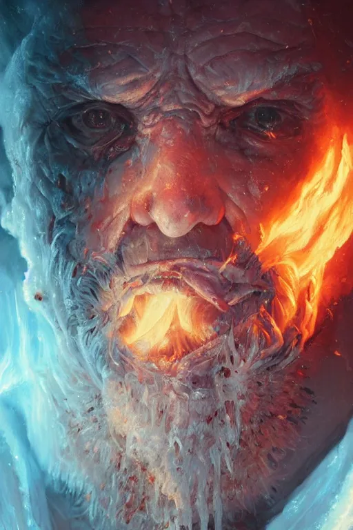 Prompt: the look of an elderly person, necromancer, witch - doctor covered with fire exploding into ice, full of wrinkles and imperfections by artgem and greg rutkowski, highly detailed, high contrast, light reflection, trippy, nebula, trending on artstation