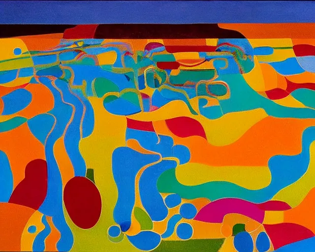 Image similar to A wild, insane, modernist landscape painting. Wild energy patterns rippling in all directions. Curves, organic, zig-zags. Saturated color. Mountains. Clouds. Rushing water. Waves. Sci-fi dream world. Wayne Thiebaud. Lisa Yuskavage landscape. Paul Klee.