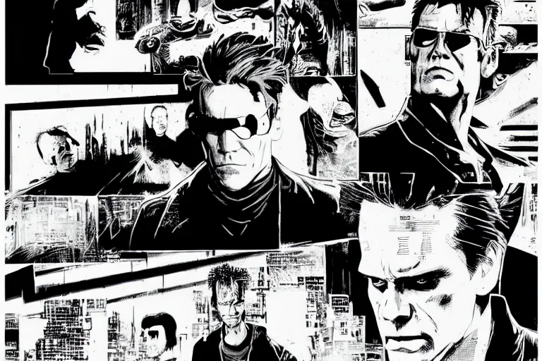 Image similar to jim carrey in the matrix, a page from cyberpunk 2 0 2 0, style of paolo parente, style of mike jackson, adam smasher, johnny silverhand, 1 9 9 0 s comic book style, white background, ink drawing, black and white