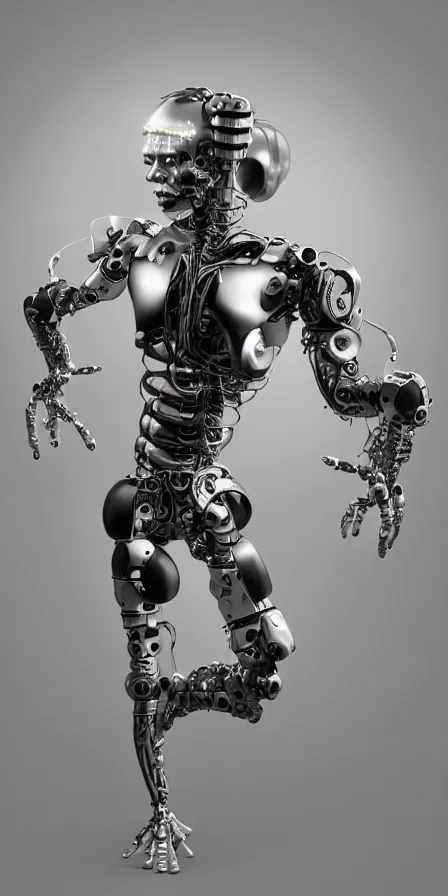 Image similar to wide lens photo of a human shaped showman dancing cyborg with two arms and two legs by james gurney, trending on artstation, film still