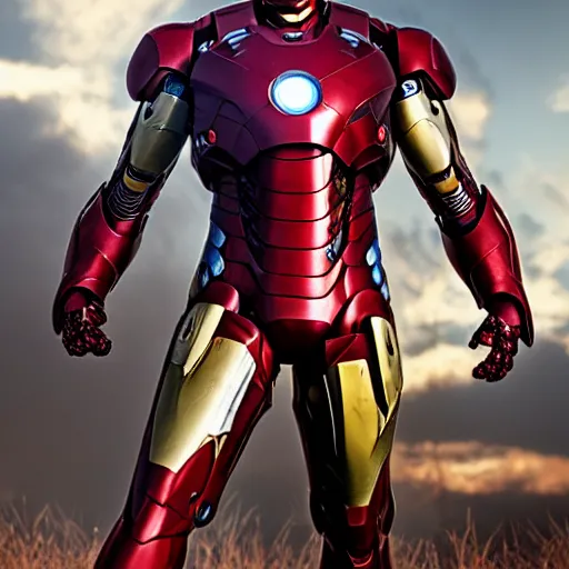 Image similar to overgrown, rusted, scratched, dented, and battle damaged iron man suit, 4k realistic photo