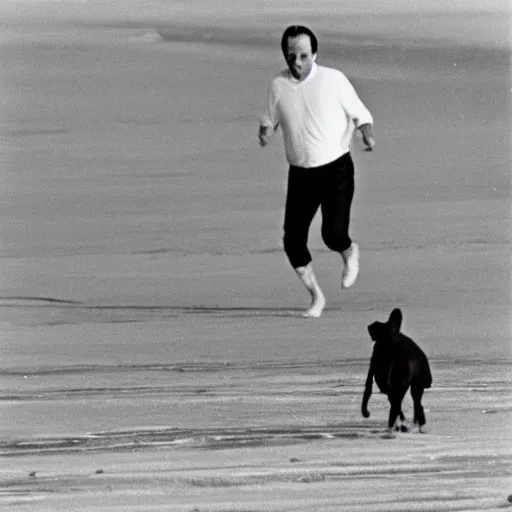 Prompt: Richard Nixon running with his dog on the beach. 1981, AP Photo.