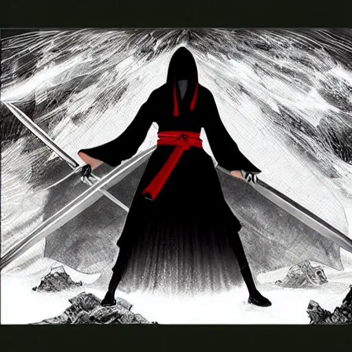 Image similar to samarai cloaked in white with swords, standing in light beam of a dark cave, ruby red sorrow, high quality, ultra detail,