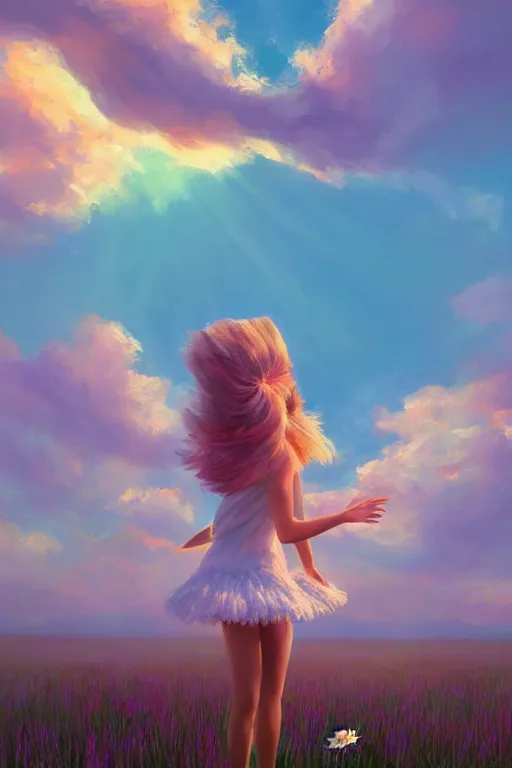 Image similar to giant white daisy flower on shoulder, girl dancing in a flower field, surreal photography, sunrise, dramatic light, impressionist painting, colorful clouds, digital painting, artstation, simon stalenhag