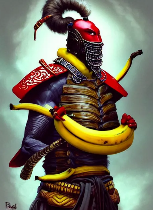 Image similar to a anthropomorphic banana wearing samurai armor, diffuse lighting, fantasy, intricate, elegant, highly detailed, lifelike, bananapunk, photorealistic, digital painting, artstation, illustration, concept art, smooth, sharp focus, art by frank frazetta and marco bucci and loish and rossdraws and artgerm and alphonse mucha