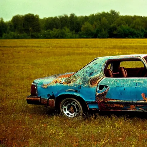 Image similar to A long shot photograph of a rusty, worn out, broken down, decrepit, run down, dingy, faded, chipped paint, tattered, beater 1976 Denim Blue Dodge Aspen in a farm field, photo taken in 1989