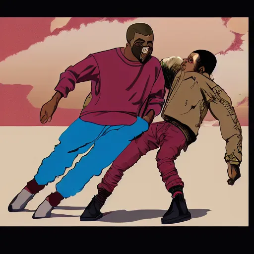 Prompt: An illustration of Kanye West beating up Pete Davidson by Katsuhiro Otomo, comic book style, 8K concept art, cel shaded, anime