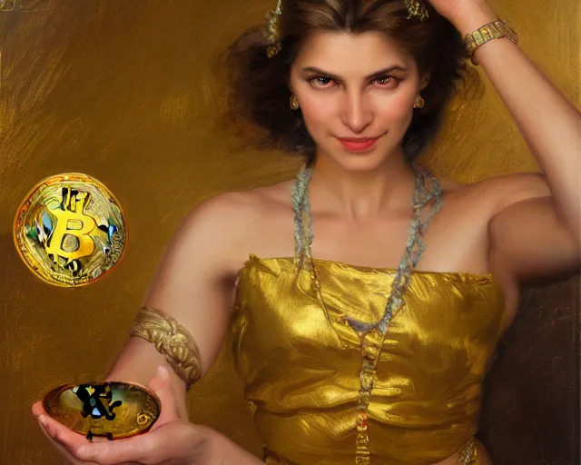 Image similar to attractive woman holding a golden bitcoin, commerial painting by annie liebovitz, gaston bussiere, craig mullins, j. c. leyendecker, 8 k