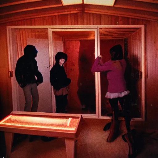 Image similar to first-person perspective view of three people wearing discowear having a party inside of a 1970s luxury a-frame cabin with a soviet computer console on the wall, exterior is a winter evening forest, ektachrome photograph, f8 aperture