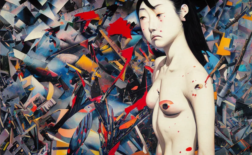 Image similar to decollage painting young japanese actress struggling in a ruined city by adrian ghenie and takato yamamoto and edward hopper and mark ryden and tsutomu nihei, part by bridget riley, acrylic pour and splashing paint, very coherent, baroque elements, perfect anatomy, intricate design. pop art.