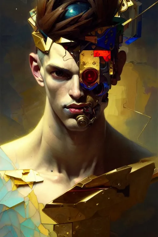 Image similar to portrait, male boy patchwork doll, cyberpunk, elegant baroque, expressive, asymmetrical art, hyperrealism, colorful, vivid, imposing, epic, abstract texture, gold leaf texture, artstation, concept art, by peter mohrbacher and wlop and rhads and artgerm and magali villeneuve and alphonse mucha