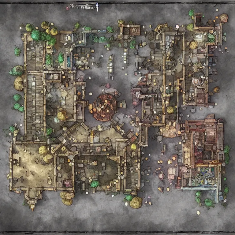 Prompt: full - color fantasy floor plan battle map of a market square, d & d, pathfinder, by jeff todd and greg rutkowski, trending on artstation, pinterest