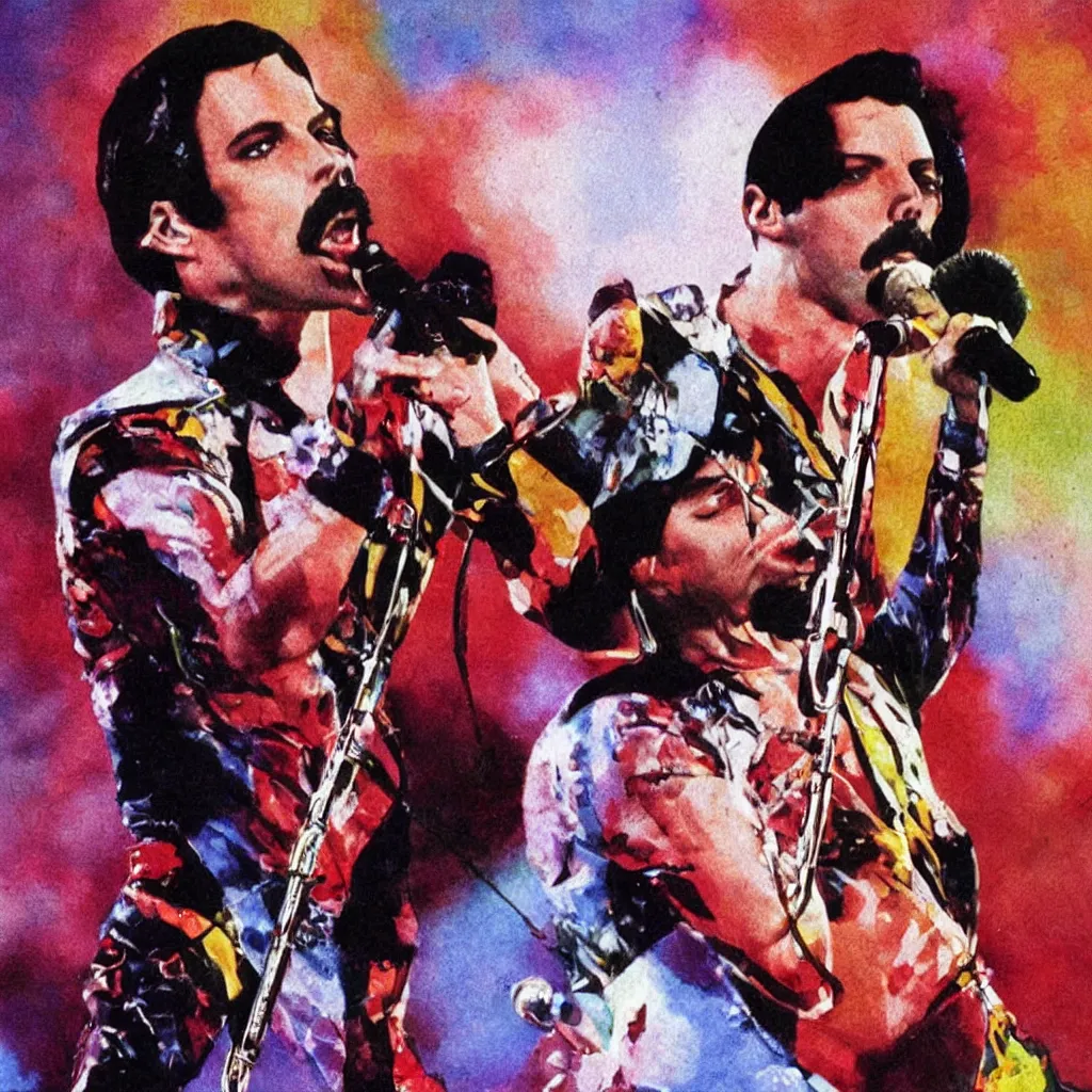 Prompt: Freddie Mercury in concert singing as a saint, microphone digital art, realistic, detailed, sharp, expressive