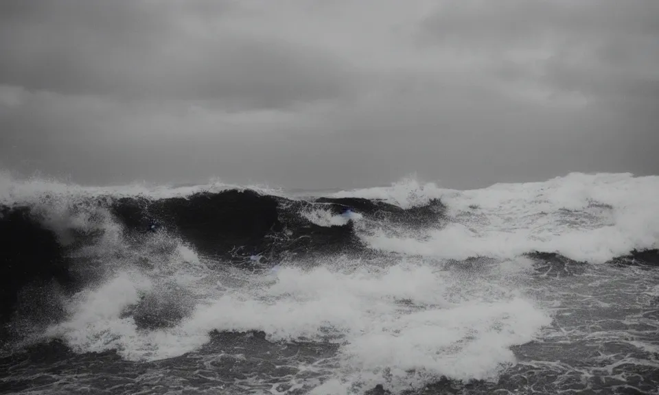 Image similar to 3 5 mm film still, stormy ocean atlantis city