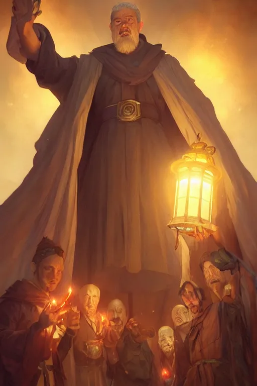 Prompt: male senior cleric holding a lantern surrounded by zombies, highly detailed, digital painting, artstation, concept art, smooth, sharp focus, illustration, art by artgerm and greg rutkowski and alphonse mucha and andrei riabovitchev