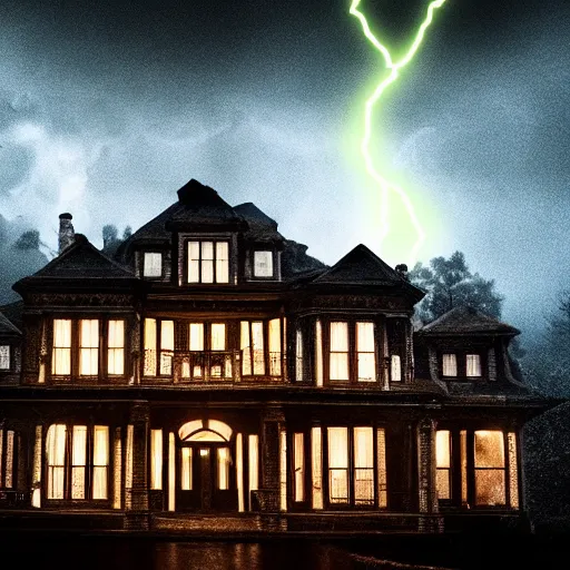 Image similar to a real photo of a horror mansion, in a lighting storm, portrait, 4 k, 8 0 mm, higly detailed, cinematic,