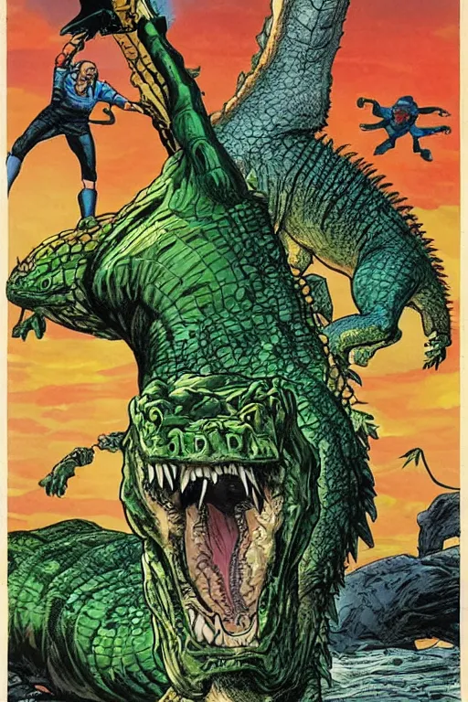 Prompt: comic book cover for a book called the assault on gatorville. featuring giant alligators. art by glenn fabry.