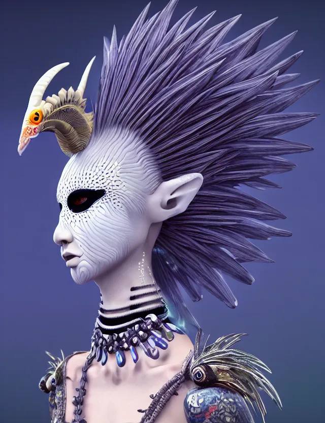 Image similar to 3 d goddess close - up profile simple portrait punk with mohawk with ram skull. beautiful intricately detailed japanese crow kitsune mask and clasical japanese kimono. betta fish, jellyfish phoenix, bio luminescent, plasma, ice, water, wind, creature, artwork by tooth wu and wlop and beeple and greg rutkowski