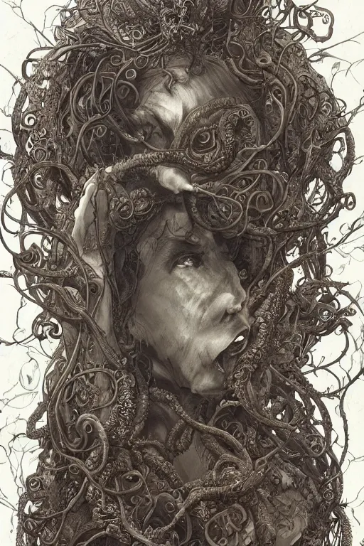 Prompt: centered beautiful detailed side view profile portrait of a insane, crazed, mad elderly woman, ornate tentacles growing around, ornamentation, thorns, vines, tentacles, elegant, beautifully soft lit, full frame, by wayne barlowe, peter mohrbacher, kelly mckernan, h r giger