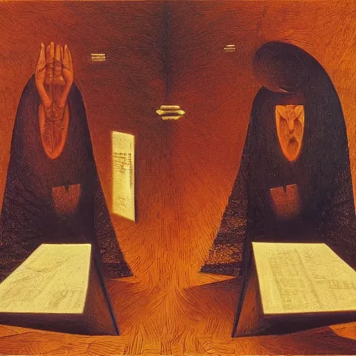 Prompt: A long night coding by Remedios Varo, highly detailed