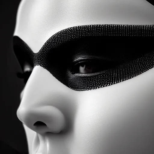 Image similar to ultra detailed woman wearing a white mask with black wires on her head, featured on behance, net art, made of wire, 1 0 mm lens, elegant, hyper realistic, ultra detailed, hyper realistic vfx simulation, volumetric lighting, 8 k post - production