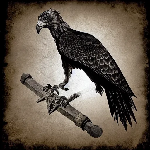 Image similar to an hawk holding a black cross shaped sword in his beak, digital art, 4 k, pirates of the caribbean style