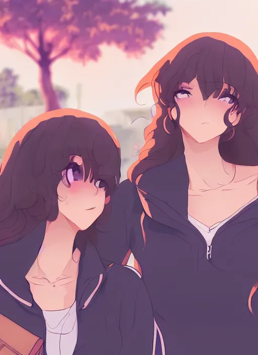 Image similar to two beautiful mothers waiting at a bus stop, summer clothes, gorgeous faces, thick lines, cinematic lighting, detailed anime art