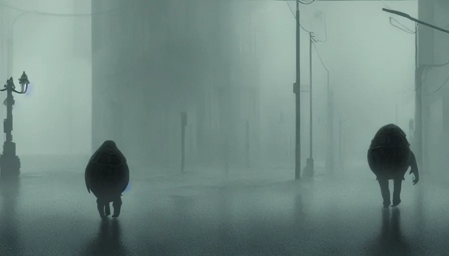 Image similar to giant turtle walking in silent hill streets, fog, empty streets, hyperdetailed, artstation, cgsociety, 8 k