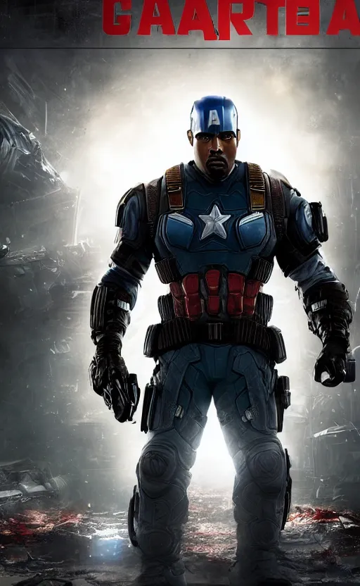 Image similar to Portrait of Kanye West as captain america in Gears of War, splash art, movie still, cinematic lighting, dramatic, octane render, long lens, shallow depth of field, bokeh, anamorphic lens flare, 8k, hyper detailed, 35mm film grain