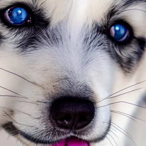 Prompt: A husky puppy with heterochromia , snowy environment, detailed close-up, 4k photo