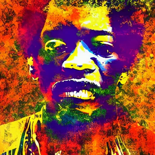 Image similar to HD digital concert poster Jimi Hendrix at Woodstock, ultra realistic, powerful, iconic, love peace and unity, hippy, flower power