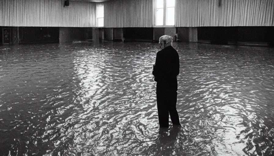 Image similar to 7 0 s movie still of an old man standing in a soviet ballroom flooded in mud, cinestill 8 0 0 t 3 5 mm, heavy grain, high quality, high detail