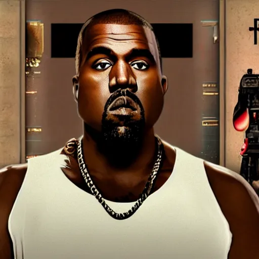 Prompt: Kanye with an RPG official GTA artwork midshot