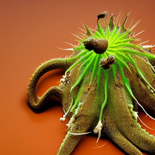 Prompt: An award winning closeup photo of an octopus made out of a cactus on a lab table, detailed prickly texture