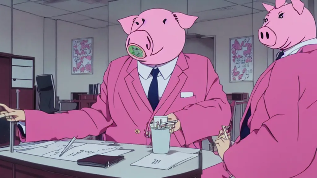 Image similar to a man wearing a pink suit and a pink pig mask sitting in an office, anime film still from the an anime directed by Katsuhiro Otomo with art direction by Salvador Dalí, wide lens