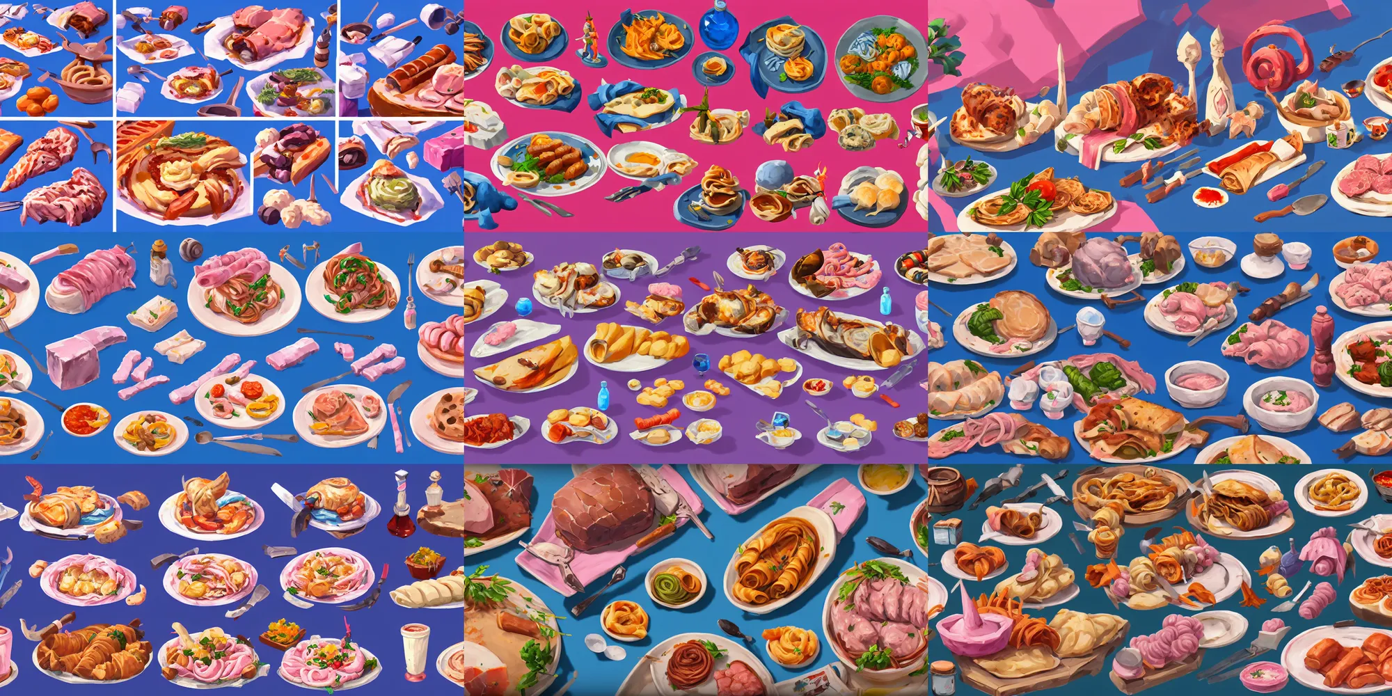 Prompt: game asset of close up italian foods and cuisine, in gouache detailed paintings, props, stylized, 2 d sprites, kitbash, arcane, overwatch, blue and pink color scheme, 8 k, close up