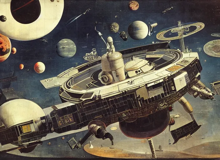 Image similar to an intricately detailed space station by Hieronymus Bosch and Syd Mead